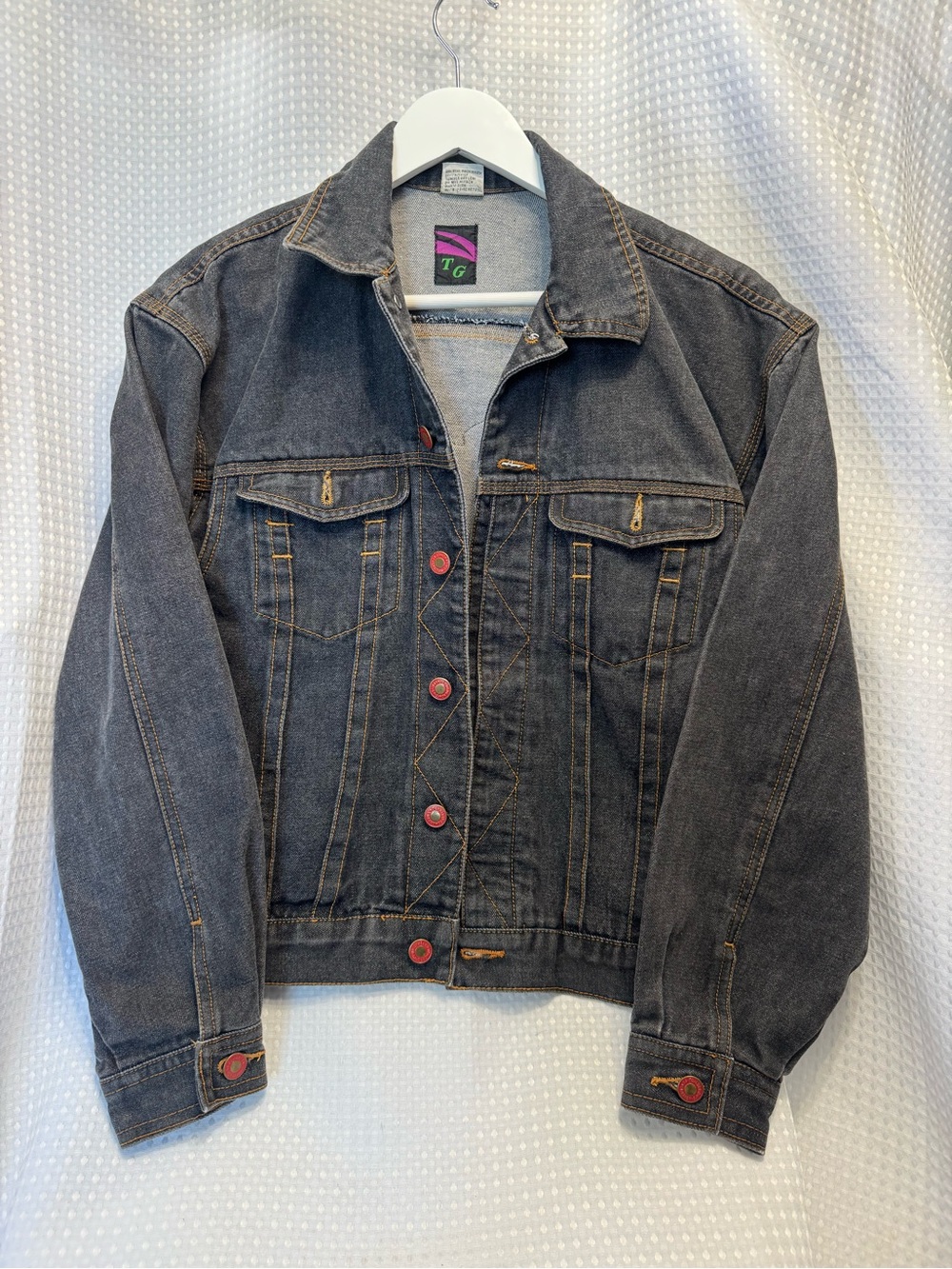 Dark Gray Denim Jacket with Red Buttons | Tomorrows Generation